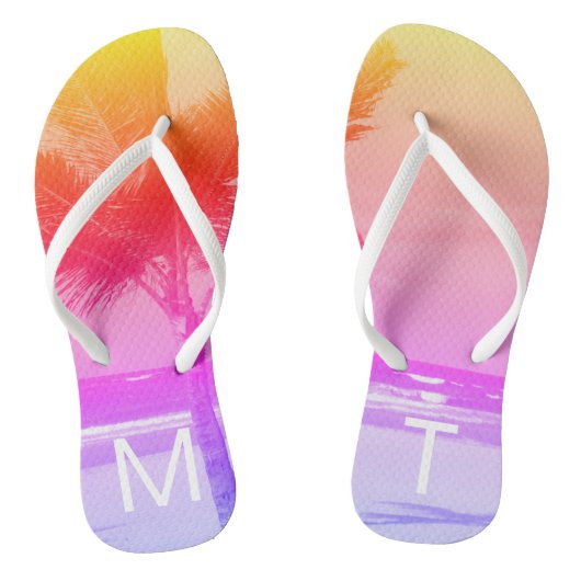 Tropische zonnestralen en palmbomen Initiaal Roze Teenslippers (Voetbed)