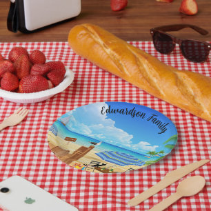 Tropische zonnige zomer strand scène monogram papieren bordje