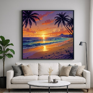 Tropische Zonsondergang aan het Strand - Illustrat Poster