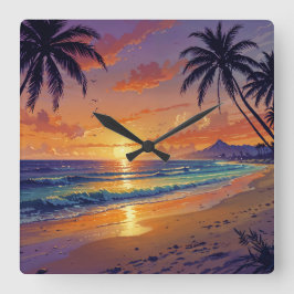 Tropische Zonsondergang aan het Strand - Illustrat Vierkante Klok