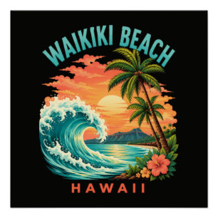 Tropische zonsondergang bij Waikiki Beach Hawaii Perfect Poster