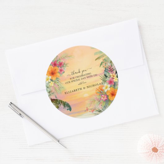 Tropische zonsondergang Dank u bruiloft Sticker (Envelop)