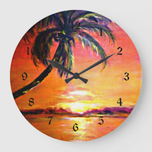Tropische zonsondergang, fijnkunstschilderij grote klok