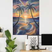 Tropische zonsondergang in pointillistische stijl poster (Thuiskantoor)