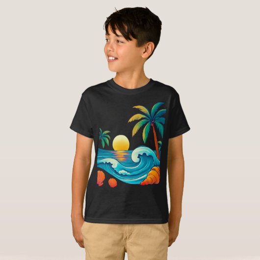 Tropische zonsondergang met golven en palmbomen t-shirt (Voorkant volledig)