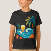 Tropische zonsondergang met golven en palmbomen t-shirt (Voorkant)