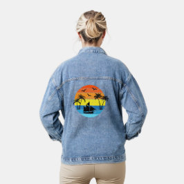 Tropische Zonsondergang Met Palmbomen En Een Zeilb Denim Jacket