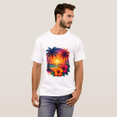 Tropische zonsondergang met palmbomen en hibiscus t-shirt (Voorkant volledig)