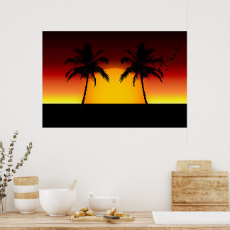 Tropische zonsondergang met palmbomen poster