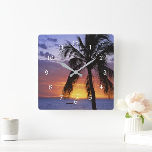 Tropische zonsondergang met palmboom vierkante klok (Huis)