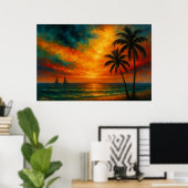 Tropische zonsondergang met zeilboten poster (Thuiskantoor)