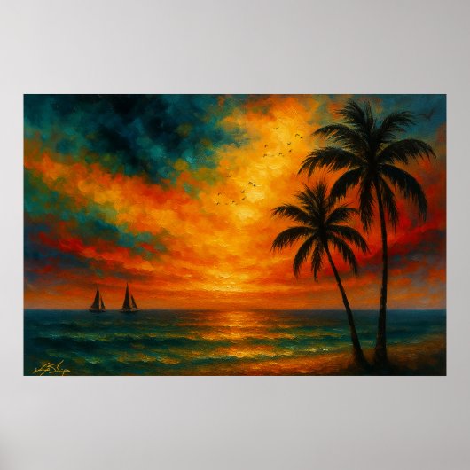 Tropische zonsondergang met zeilboten poster (Voorkant)