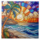 Tropische zonsondergang op strand gebrandschilderd tegeltje (Voorkant)