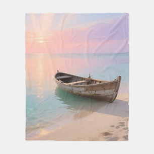 Tropische Zonsondergang op Strand met Houten Boot Fleece Deken