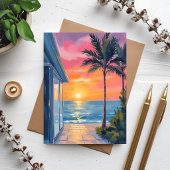 Tropische Zonsondergang Palm Beach Oceaan Aquarel