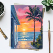 Tropische Zonsondergang Palm Beach Oceaan Aquarel