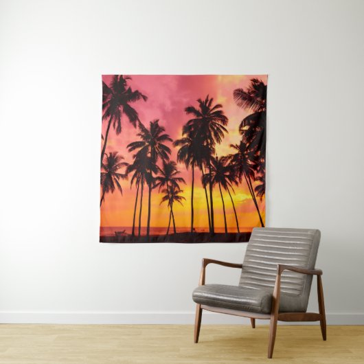 Tropische zonsondergang: Palm Silhouet Serenity. Wandkleed (In situ)