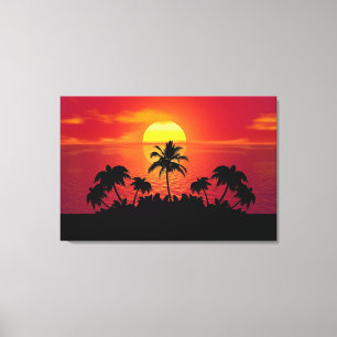 Tropische Zonsondergang Palmboom Silhouet Strand Canvas Afdruk