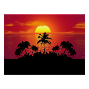 Tropische Zonsondergang Palmboom Silhouet Strand Perfect Poster