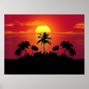Tropische Zonsondergang Palmboom Silhouet Strand Poster