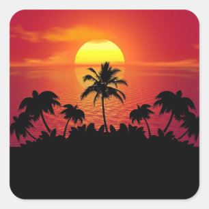 Tropische Zonsondergang Palmboom Silhouet Strand Vierkante Sticker