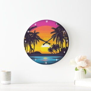 Tropische Zonsondergang Palmboom Strand Grote Klok