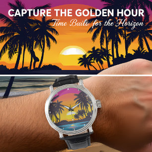 Tropische Zonsondergang Palmboom Strand Horloge