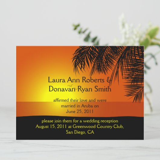 Tropische Zonsondergang Palmboom Trouw Uitnodiging (Staand voorkant)