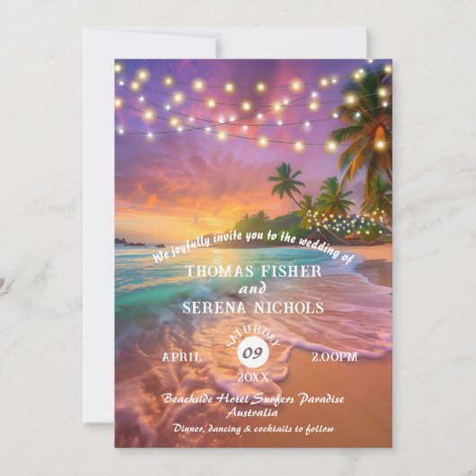 Tropische Zonsondergang QR Code Strand Bruiloft Kaart (Voorkant)