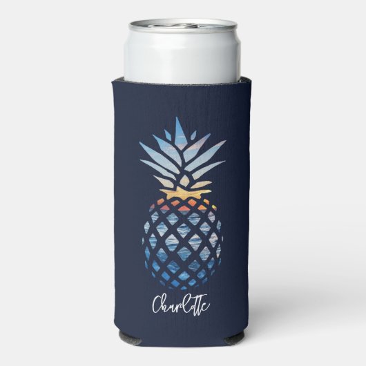 Tropische Zonsondergang Strand Ananas Gepersonalis Seltzer Blikjeskoeler (Seltzer Achterkant)