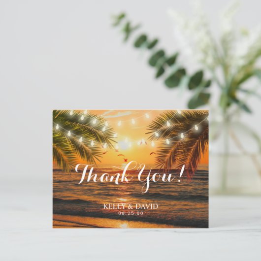 Tropische zonsondergang strand bruiloft dank u briefkaart (Staand voorkant)