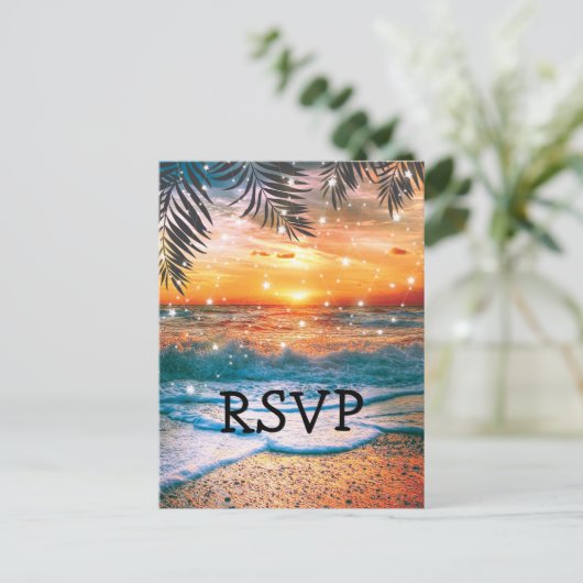 Tropische Zonsondergang Strand Bruiloft RSVP Uitnodiging Briefkaart (Staand voorkant)