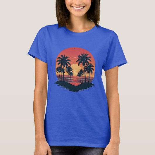 Tropische zonsondergang strand ontwerp t-shirt (Voorkant)