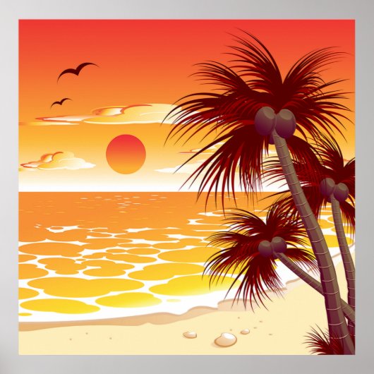 Tropische Zonsondergang Strand Palmboom Eiland Poster (Voorkant)