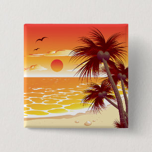 Tropische Zonsondergang Strand Palmboom Eiland Vierkante Button 5,1 Cm