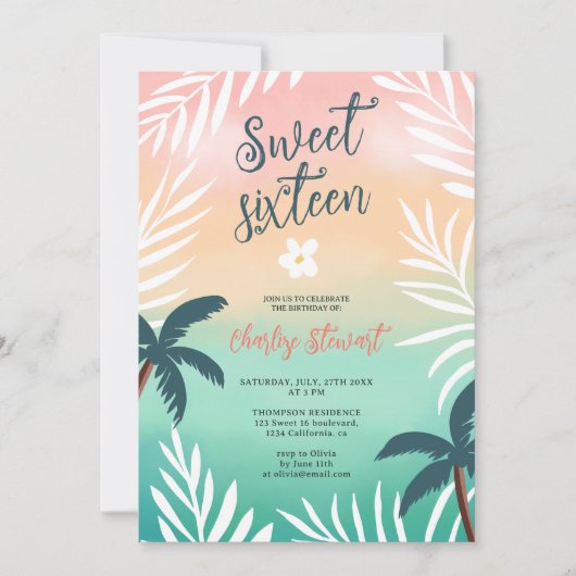 Tropische zonsondergang strand palmboom Sweet 16 Kaart (Voorkant)