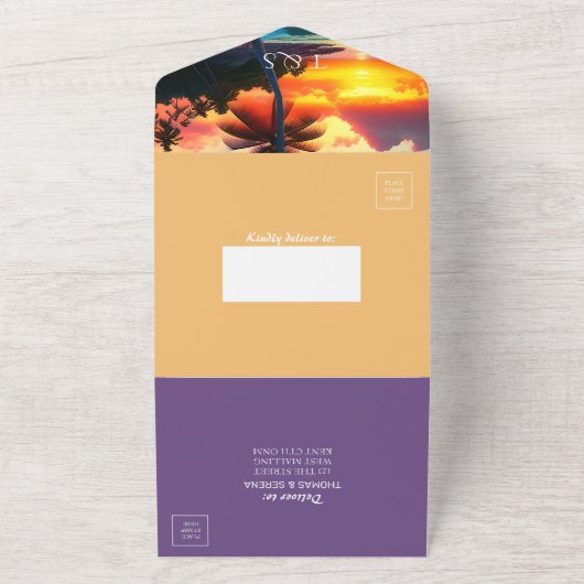 Tropische Zonsondergang Strand QR Code Oceaan All In One Uitnodiging (Buitenkant)