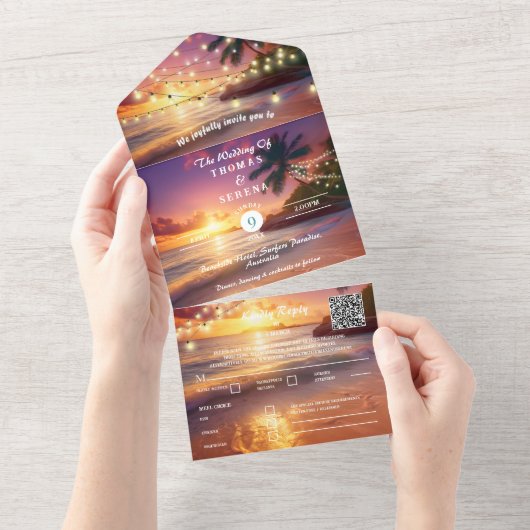 Tropische Zonsondergang Strand QR Code Oceaan All In One Uitnodiging (Afscheurbaar)