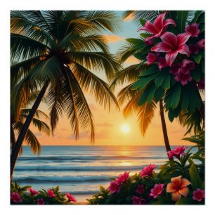 Tropische zonsondergang strand scene met palmbomen perfect poster