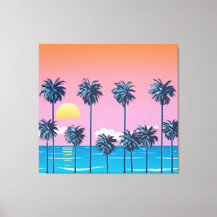 Tropische zonsondergang: strandillustratie canvas afdruk