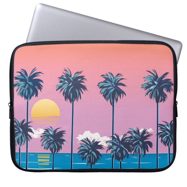 Tropische zonsondergang:  strandillustratie laptop sleeve (Voorkant)