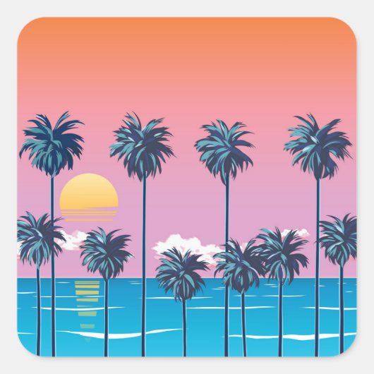Tropische zonsondergang:  strandillustratie vierkante sticker (Voorkant)