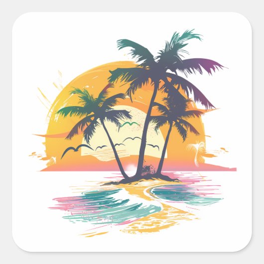 Tropische zonsondergang vibes - Palmbomen & Strand Vierkante Sticker (Voorkant)