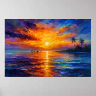 Tropische Zonsondergang Zeilboot Kunstprint met Pa Poster