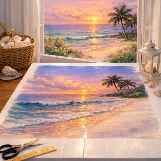 Tropische Zonsopgang Strand Watercolor Kunst Tissuepapier