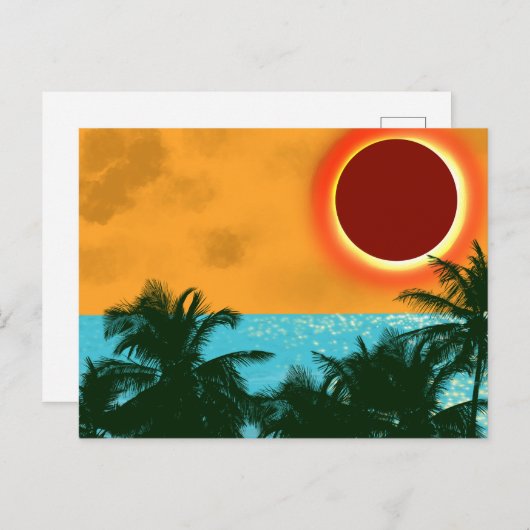 Tropische zonsverduistering met palmbomen Blauwe O Briefkaart (Voorkant / Achterkant)