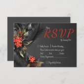 Tropische zwart en goud bladeren bruiloft RSVP kaartje (Voorkant / Achterkant)