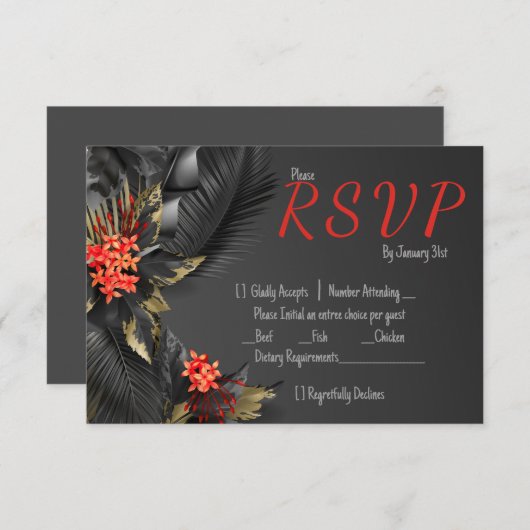 Tropische zwart en goud bladeren bruiloft RSVP kaartje (Voorkant / Achterkant)