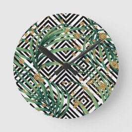 Tropische zwart-wit geometrie goud glitter ronde klok