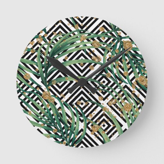 Tropische zwart-wit geometrie goud glitter ronde klok (Voorkant)